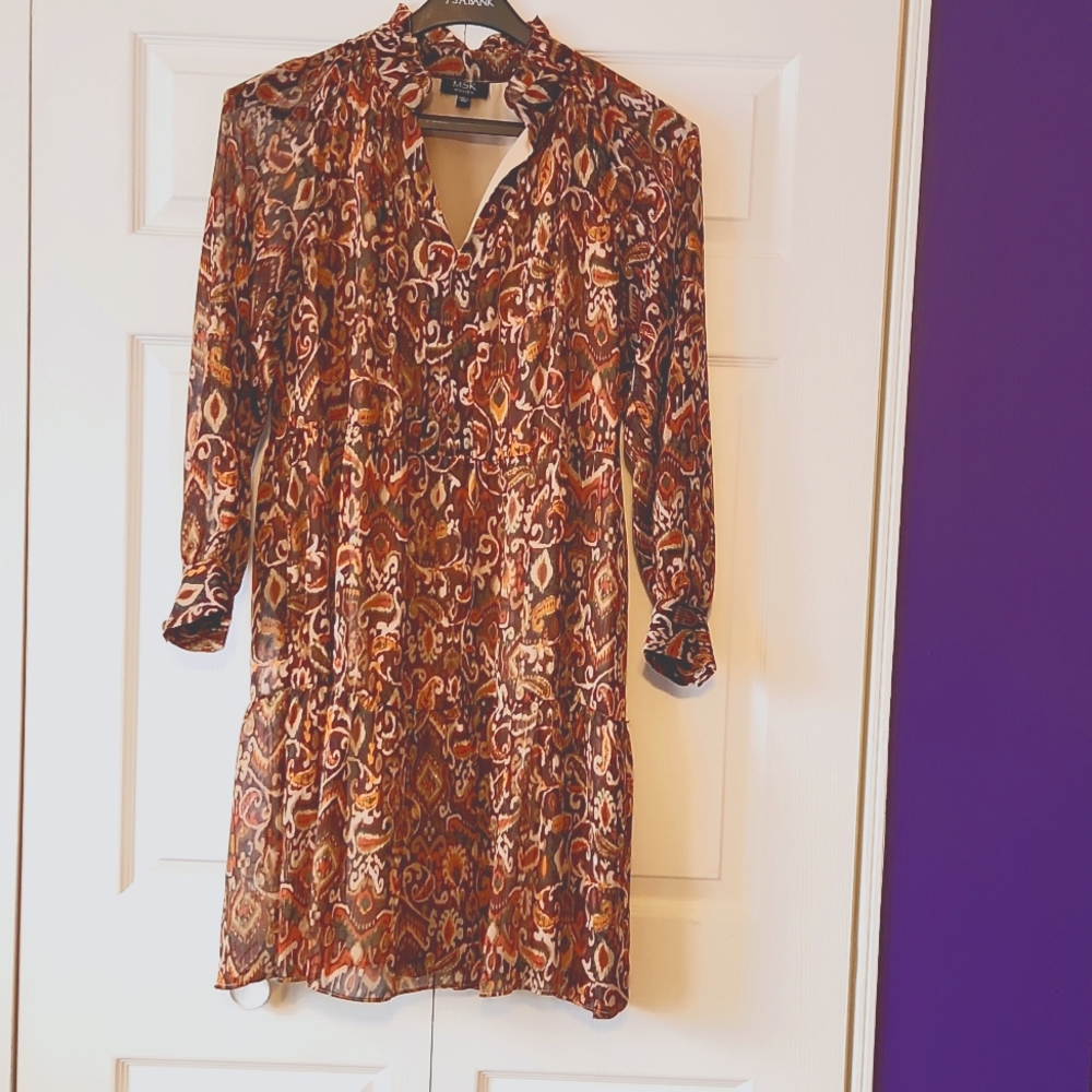 Knee-length Bohemian Print Dress with Long Sheer Sleeves - Size 1X